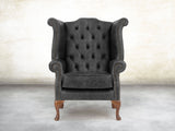 Queen Anne Wing Chair In Black Vintage Leather
