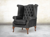 Queen Anne Wing Chair In Black Vintage Leather