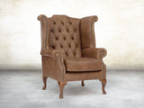 Queen Anne Wing Chair In Brown Vintage Leather