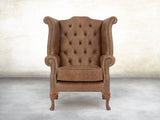Queen Anne Wing Chair In Brown Vintage Leather