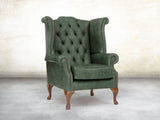 Queen Anne Wing Chair In Green Vintage Leather