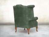 Queen Anne Wing Chair In Green Vintage Leather
