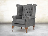 Queen Anne Wing Chair In Grey Vintage Leather