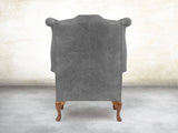 Queen Anne Wing Chair In Grey Vintage Leather