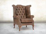 Queen Anne Wing Chair In Hickory Vintage Leather