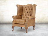 Queen Anne Wing Chair In Tan Vintage Leather