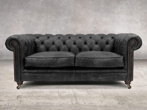 Alfred 2 Seat Chesterfield Sofa In Black Vintage Leather