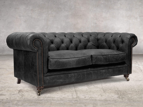 Alfred 2 Seat Chesterfield Sofa In Black Vintage Leather