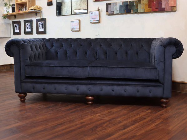 Arthur 3 Seat Chesterfield Sofa In Indigo Vintage Velvet
