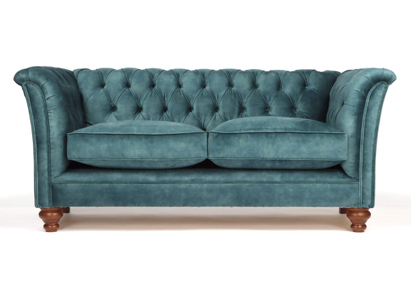 Darcy Snug 2 Seat Chesterfield Sofa In Teal Vintage Velvet (Ex-Display)