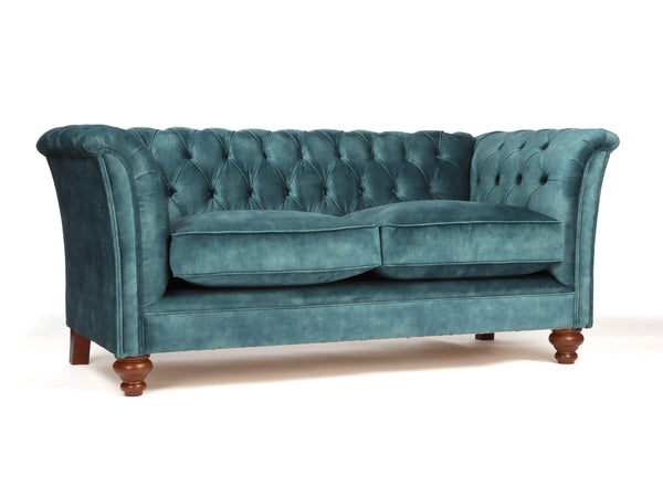 Darcy Snug 2 Seat Chesterfield Sofa In Teal Vintage Velvet (Ex-Display)