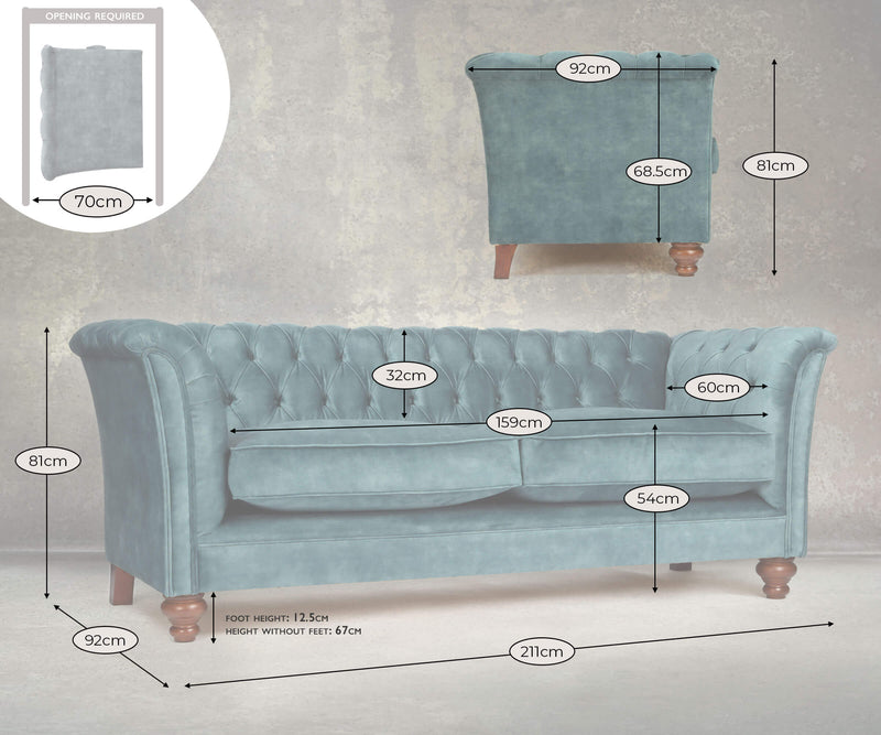 Darcy Velvet 3 Seat Chesterfield Sofa Dimensions