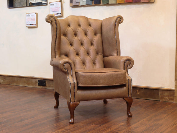 Queen Anne Wing Chair in Tan Vintage Leather
