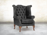 Queen Anne Wing Chair In Black Vintage Leather