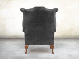 Queen Anne Wing Chair In Black Vintage Leather
