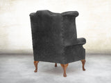 Queen Anne Wing Chair In Black Vintage Leather