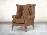Queen Anne Wing Chair In Brown Vintage Leather