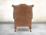 Queen Anne Wing Chair In Brown Vintage Leather
