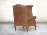 Queen Anne Wing Chair In Brown Vintage Leather
