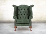 Queen Anne Wing Chair In Green Vintage Leather