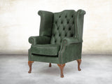 Queen Anne Wing Chair In Green Vintage Leather