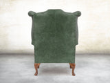 Queen Anne Wing Chair In Green Vintage Leather