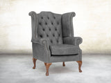 Queen Anne Wing Chair In Grey Vintage Leather