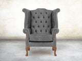 Queen Anne Wing Chair In Grey Vintage Leather