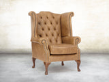 Queen Anne Wing Chair In Tan Vintage Leather
