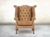 Queen Anne Wing Chair In Tan Vintage Leather