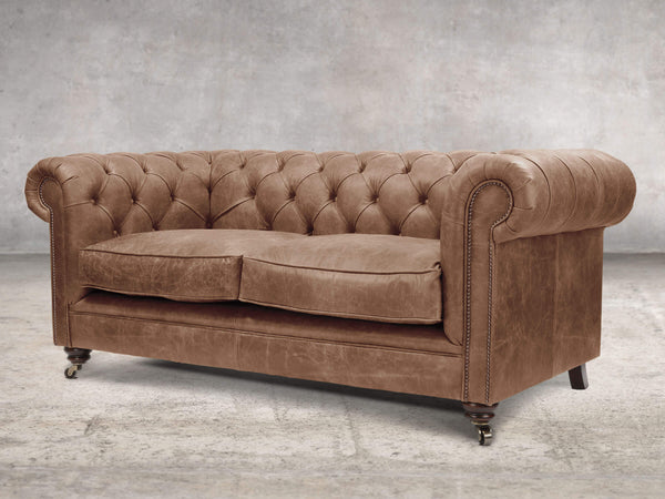 Alfred 2 Seat Chesterfield Sofa In Brown Vintage Leather