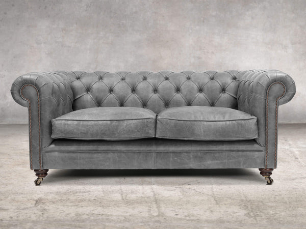 Alfred 2 Seat Chesterfield Sofa In Grey Vintage Leather