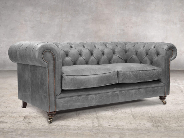 Alfred 2 Seat Chesterfield Sofa In Grey Vintage Leather