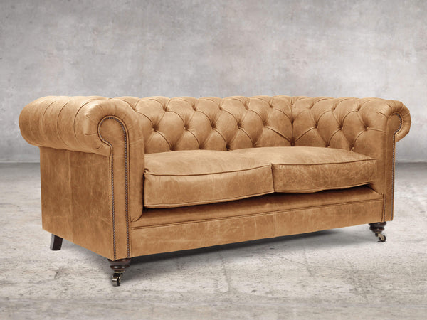 Alfred 2 Seat Chesterfield Sofa In Tan Vintage Leather