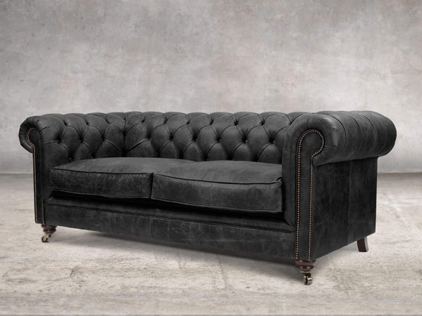 Alfred 3 Seat Chesterfield Sofa In Black Vintage Leather