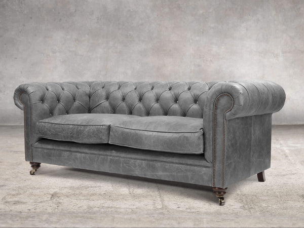 Alfred 3 Seat Chesterfield Sofa In Grey Vintage Leather