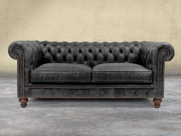 Arthur 2 Seat Chesterfield Sofa In Black Vintage Leather