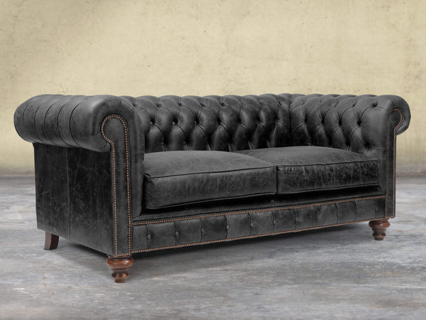 Arthur 2 Seat Chesterfield Sofa In Black Vintage Leather