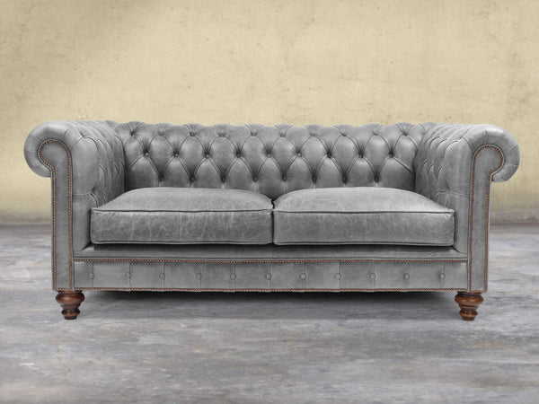 Arthur 2 Seat Chesterfield Sofa In Grey Vintage Leather