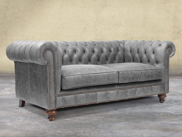 Arthur 2 Seat Chesterfield Sofa In Grey Vintage Leather