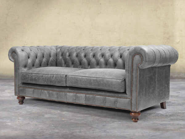 Arthur 3 Seat Chesterfield Sofa In Grey Vintage Leather