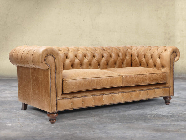 Arthur 3 Seat Chesterfield Sofa In Tan Vintage Leather