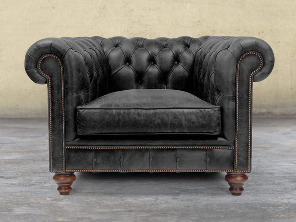 Arthur Chesterfield Chair In Black Vintage Leather