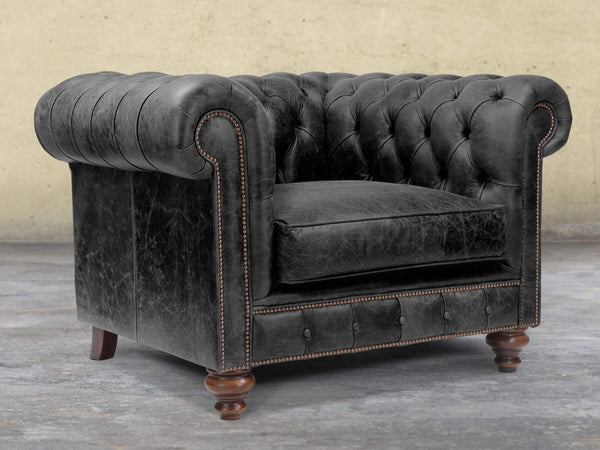 Arthur Chesterfield Chair In Black Vintage Leather