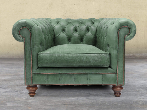 Arthur Chesterfield Chair In Green Vintage Leather