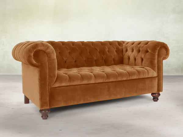 Elsa 2 Seat Chesterfield Sofa In Burnt Orange Lush Velvet