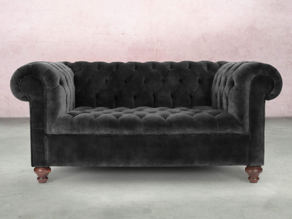 Elsa Snug 2 Seat Chesterfield Sofa In Black Cat Vintage Velvet