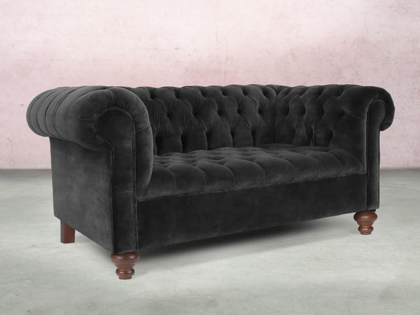 Elsa Snug 2 Seat Chesterfield Sofa In Black Cat Vintage Velvet