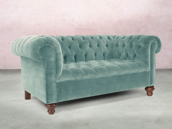 Elsa Snug 2 Seat Chesterfield Sofa In Summer Mist Vintage Velvet