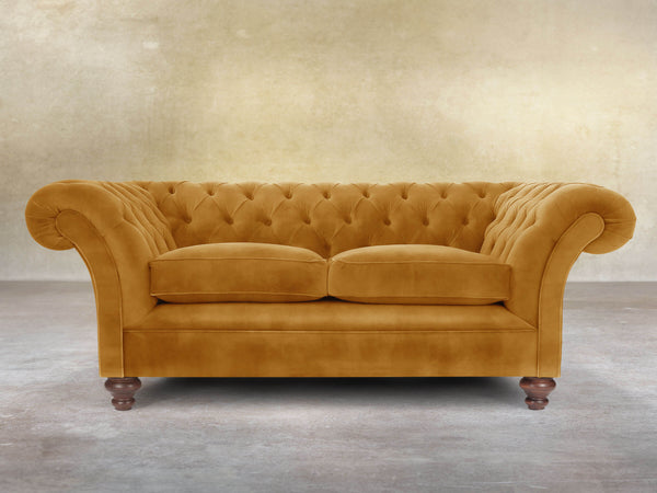 Flora 2 Seat Chesterfield Sofa In Gold Vintage Velvet